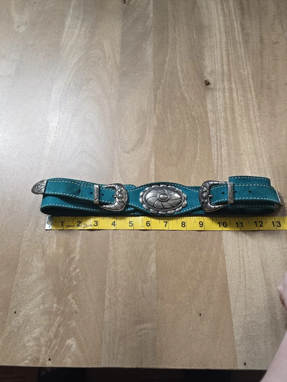 Vintage Western Double Buckle Belt Teal Turquoise Suede Concho Boho Womens S M - Picture 6 of 8